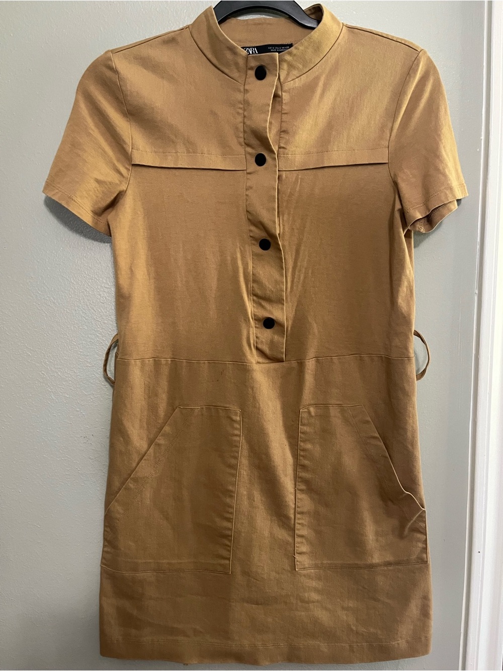 Zara Tan Short-Sleeve Mini Shift Dress
